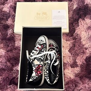 Coach Black and White Sneakers with Red Floral Accents